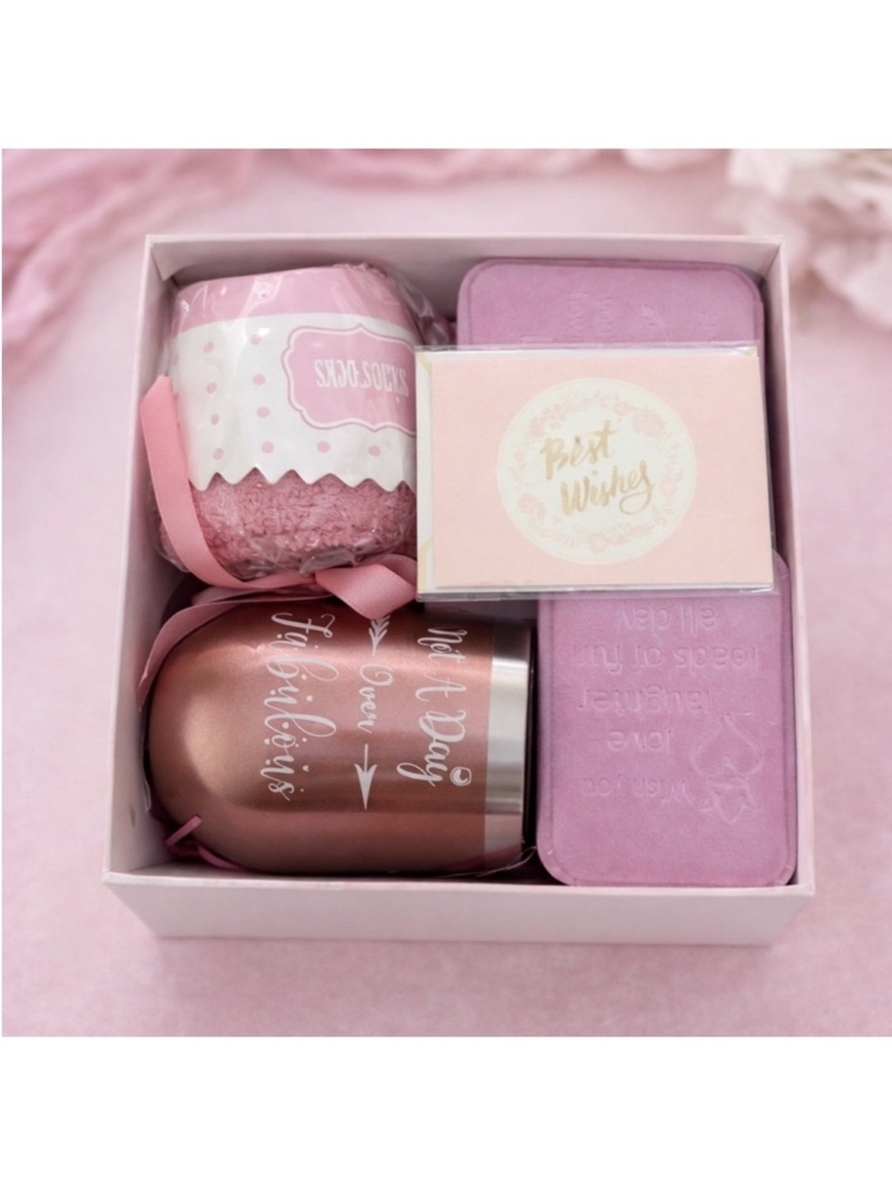 Pink Gift Box Set with Tumbler, Socks, Bracelet, Necklace & Trinket Tray
